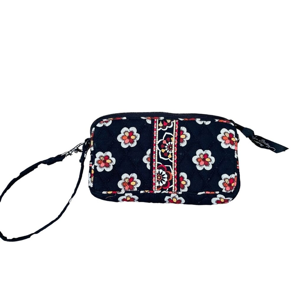 Vera Bradley wallet wristlet black floral print quilted  rectangular 2 pockets